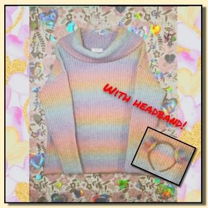 Retrology Pastel Rainbow Knit Cowl Neck Sweater and Rainbow Headband